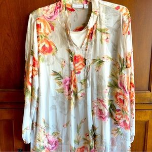 chiffon 2 piece tunic&tank bursts w/ pastels of pink & orange. susan graver